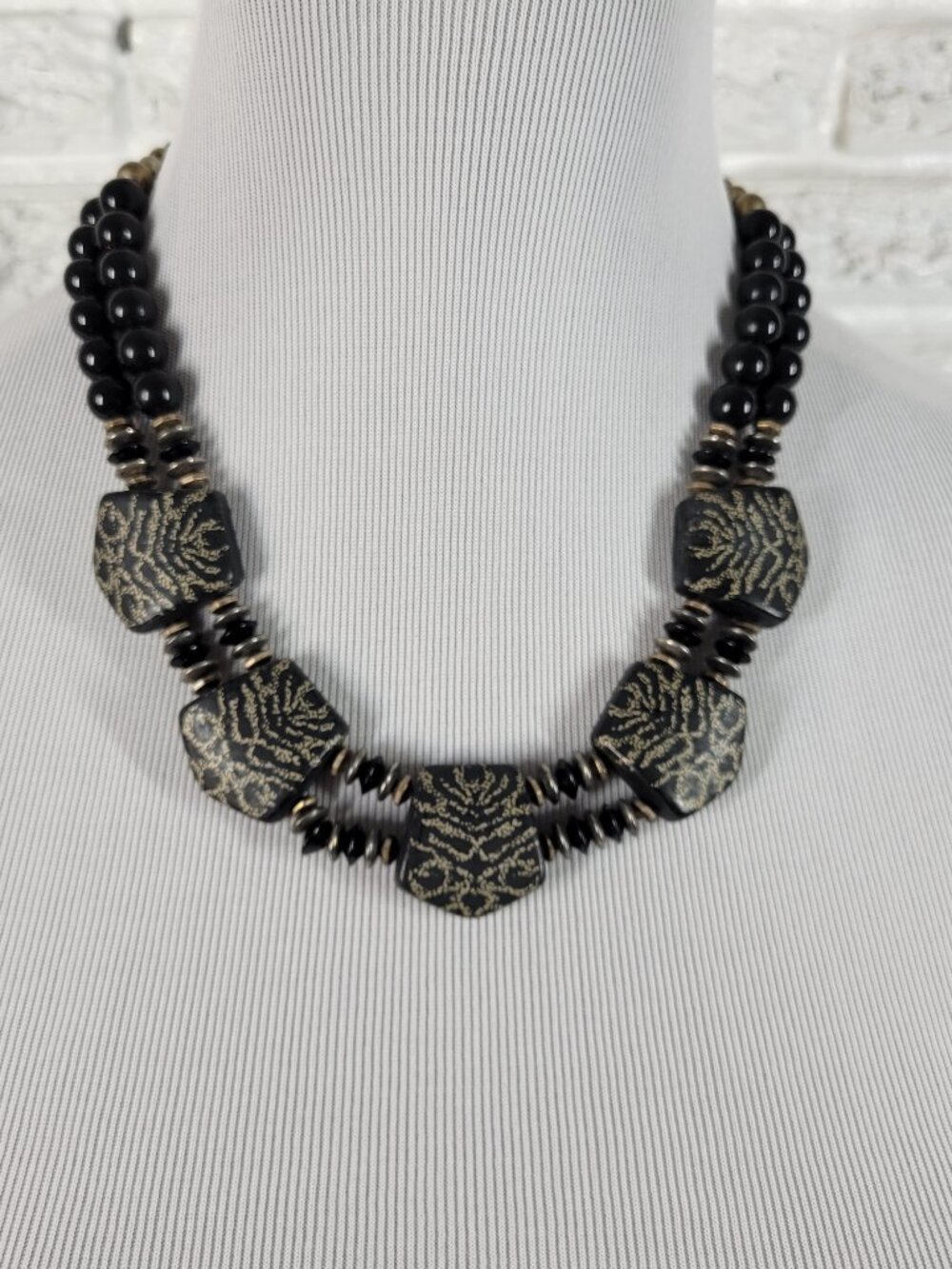 Designs by Taylor Double Strand Statement Necklace Black Gold Geometric N2E